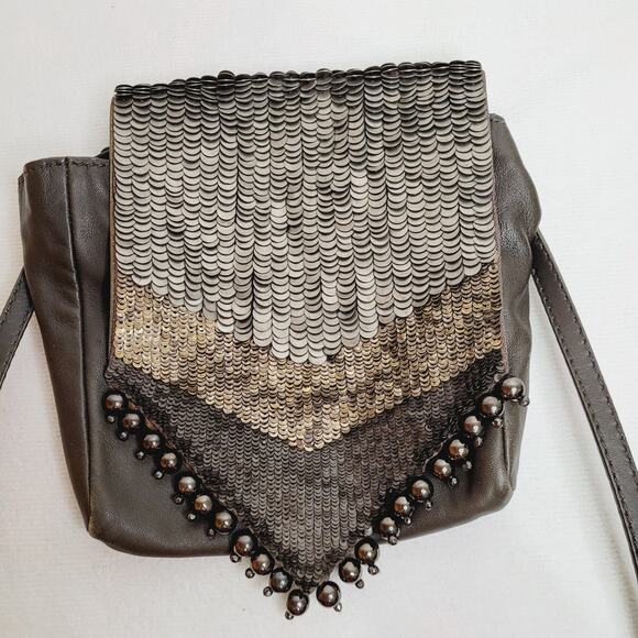 Hoss Intropia brown leather beaded and metal sequined cross body bag - Picture 1 of 16